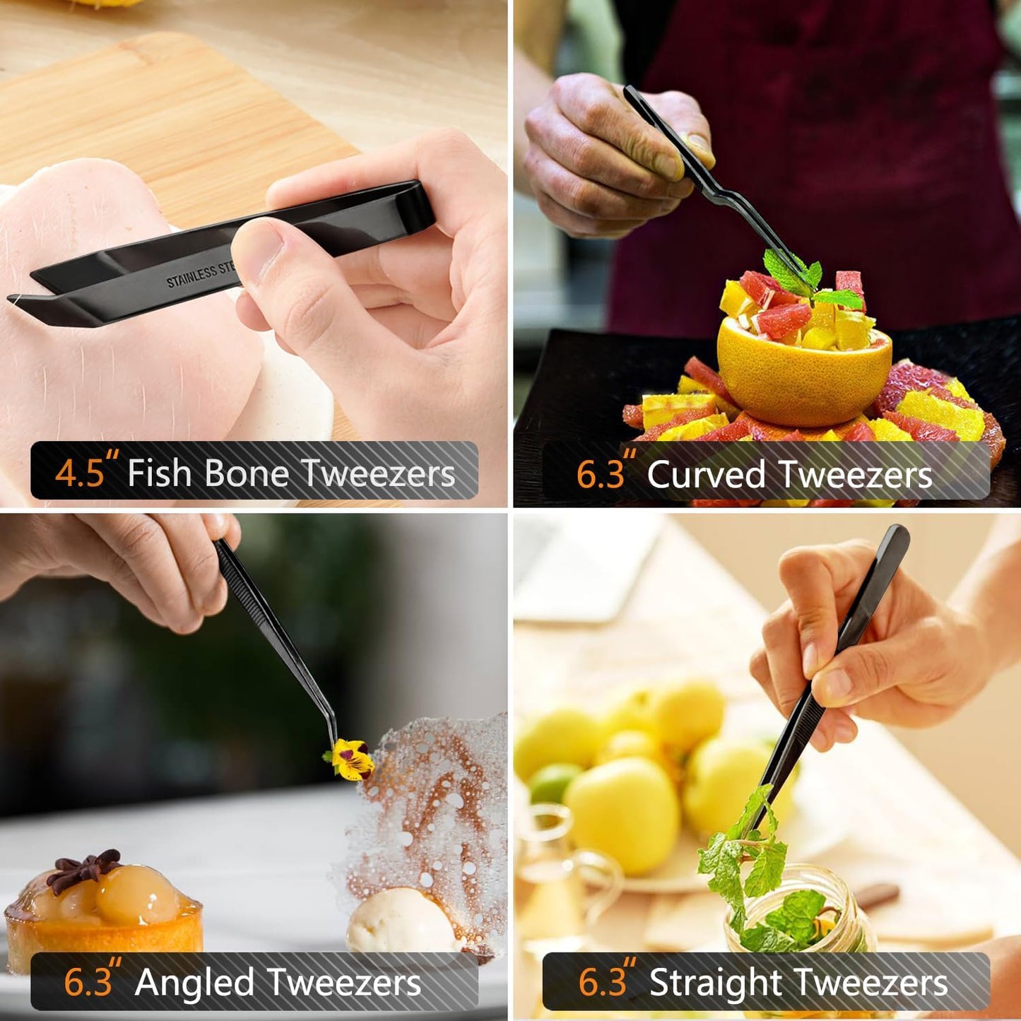 JETKONG 6 Pcs Cooking Tweezer Tongs, 12'' and 6.3" Stainless Steel Kitchen Tweezer Set, Professional Chef Tweezers for Cooking, Repairing, Sea Food, BBQ, Multi-use
