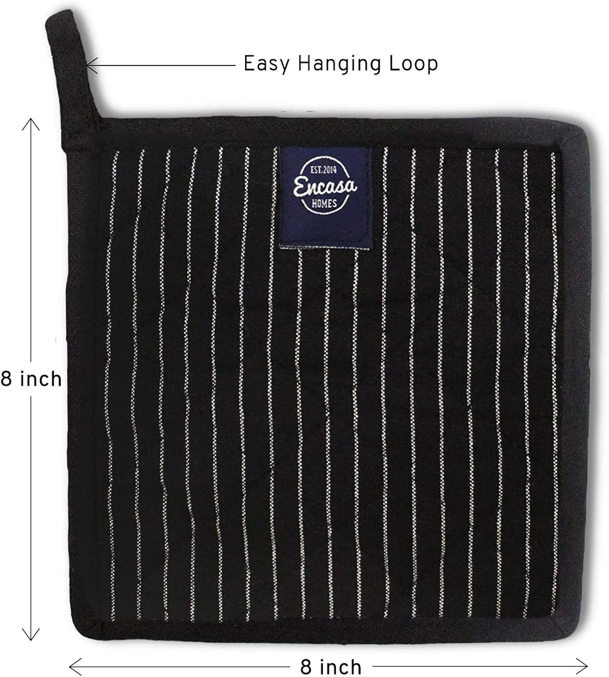 Encasa XO Pot Holders, Quilted Kitchen Hot Pads 8"x8" Black
