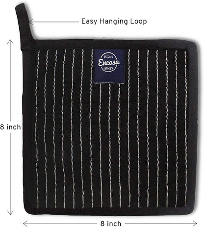 Encasa XO Pot Holders, Quilted Kitchen Hot Pads 8"x8" Black