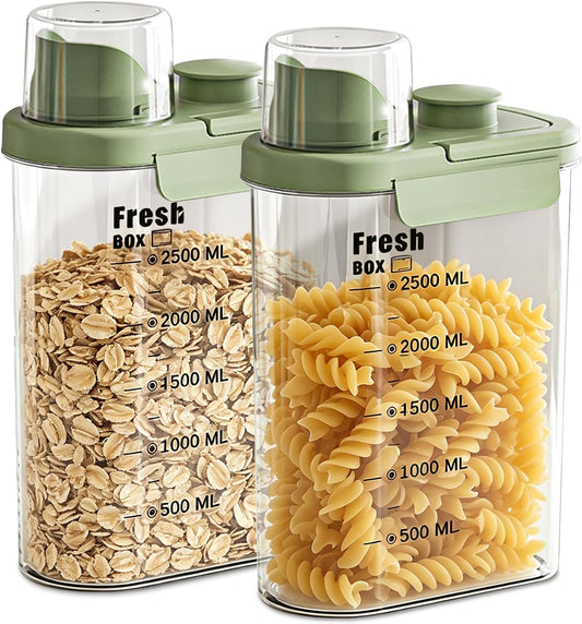Air Tight Cereal Container Organizer-2PC 98.5oz Food Storage Container with Outlet Measuring Cup Lid, Ideal for Dry Food, Rice, Sugar, Pet Food dispenser - BPA free（Green）
