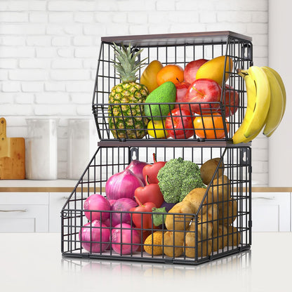 White Fruit Bowl Wire Basket Storage Pantry Fruit and Vegetable Storage Fruit Basket for Kitchen Counter Stackable Wall Mounted Hanging Basket Wire Basket with Wood Lid with Hanger Hooks