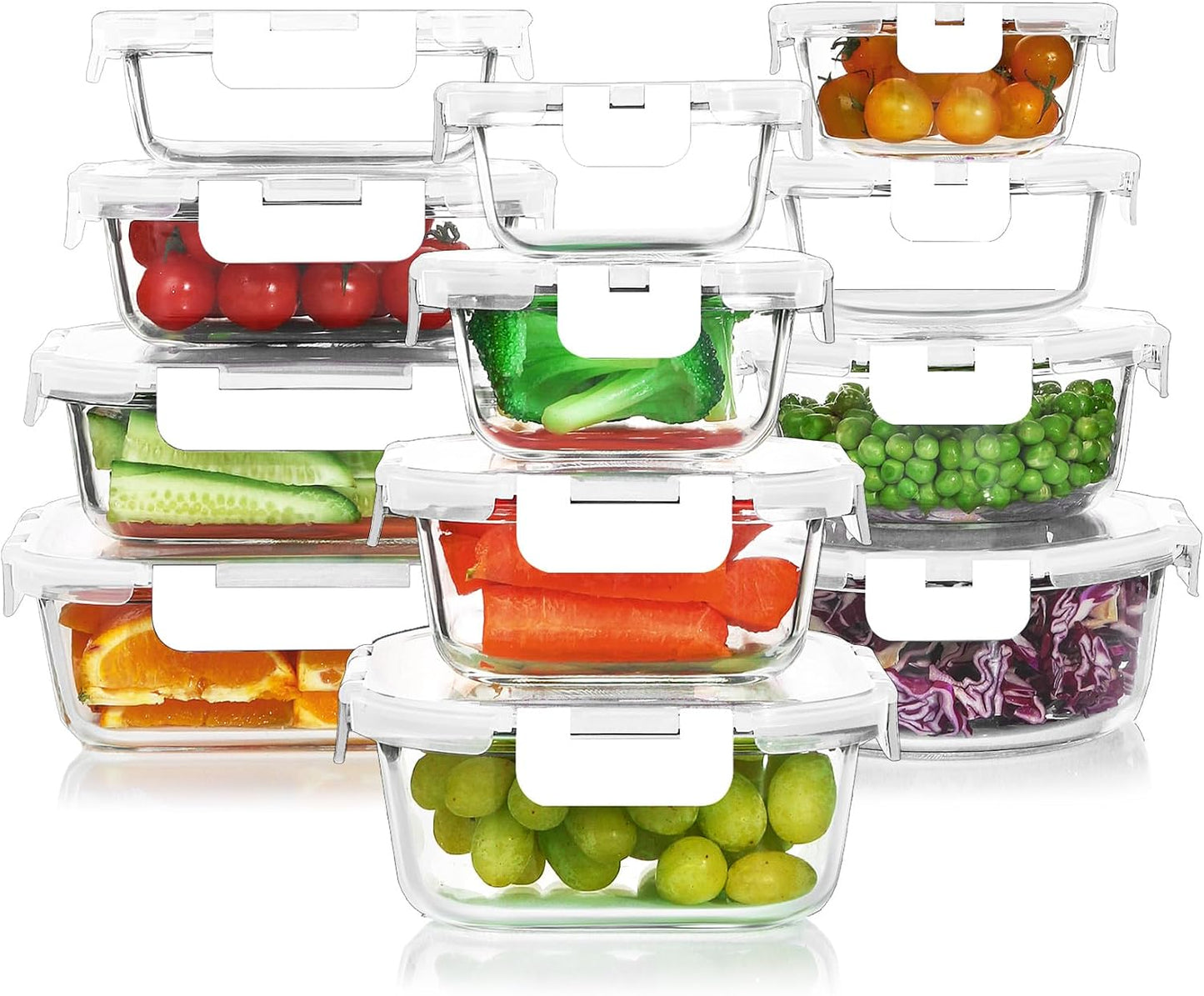 KOMUEE 24 Pieces Glass Food Storage Containers Set, Meal Prep Containers-Stackable Airtight Glass Storage Containers with lids,Freezer, Microwave, Oven Safe,Green