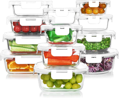 KOMUEE 24 Pieces Glass Food Storage Containers Set, Meal Prep Containers-Stackable Airtight Glass Storage Containers with lids,Freezer, Microwave, Oven Safe,Green