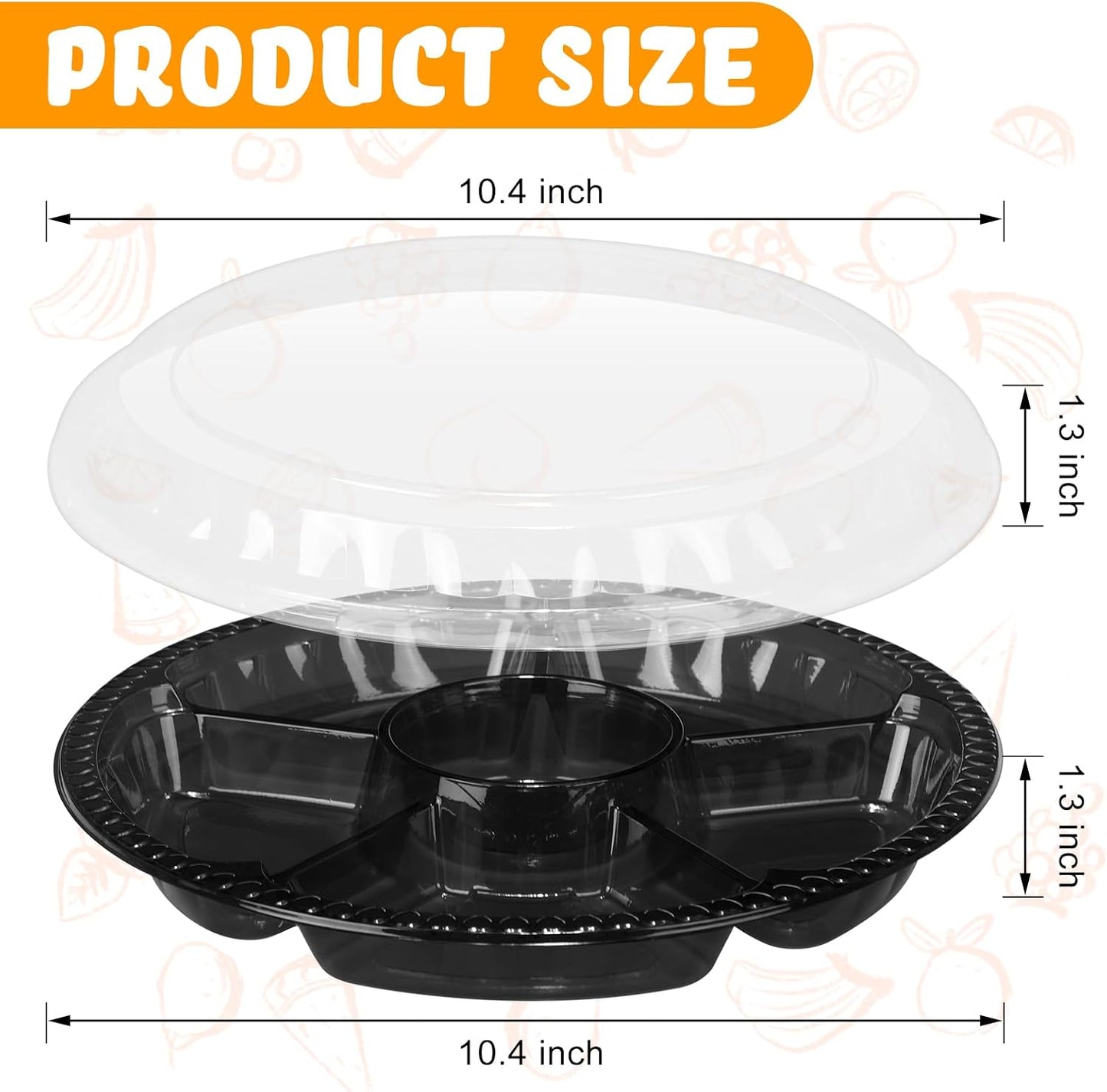 Rtteri 36 Pcs Round Catering Trays with Lids Divided Serving Trays 6 Compartment Disposable Plates Plastic Appetizer Traysplatters Food Storage Containers for Christmas Party Fruit Buffet (Black)