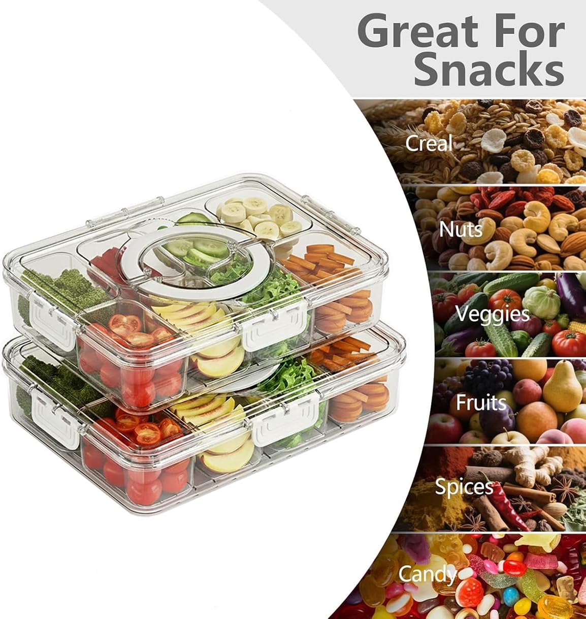 2 Pack Snackle Box Containers, 8 Compartments Divided Serving Tray with Lids & Handles, Portable Snack Storage for Veggies, Fruits, Charcuterie, Candy – BPA-Free, Leak-Proof (8 Sections Each)