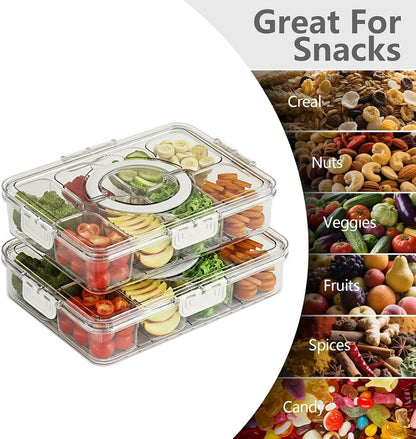 2 Pack Snackle Box Containers, 8 Compartments Divided Serving Tray with Lids & Handles, Portable Snack Storage for Veggies, Fruits, Charcuterie, Candy – BPA-Free, Leak-Proof (8 Sections Each)