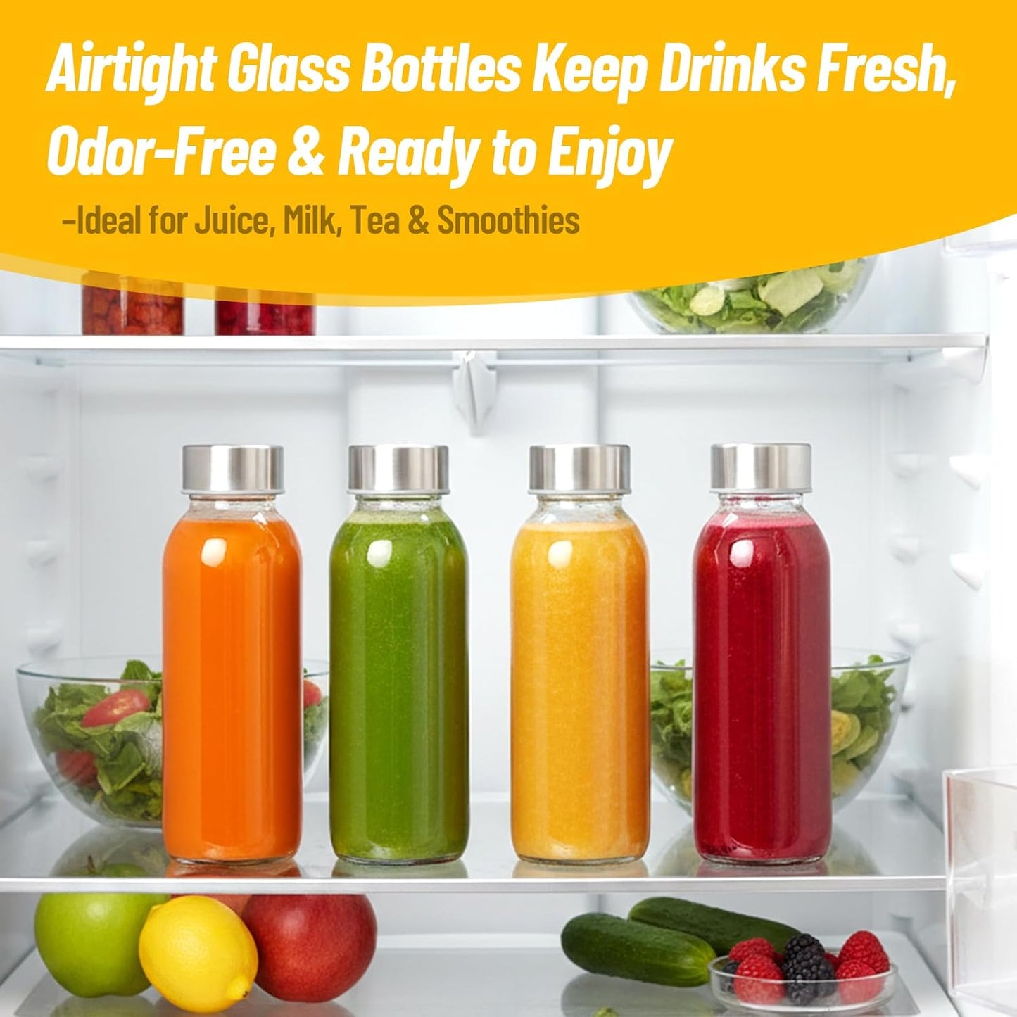 Glass Juice Bottles with Lids 10 oz, 6 Pack Reusable Small Glass Bottles with Stainless Steel Caps & Straws, BPA-Free Leak proof Juice Bottle Containers for Juicing, Milk, Smoothies & Fridge
