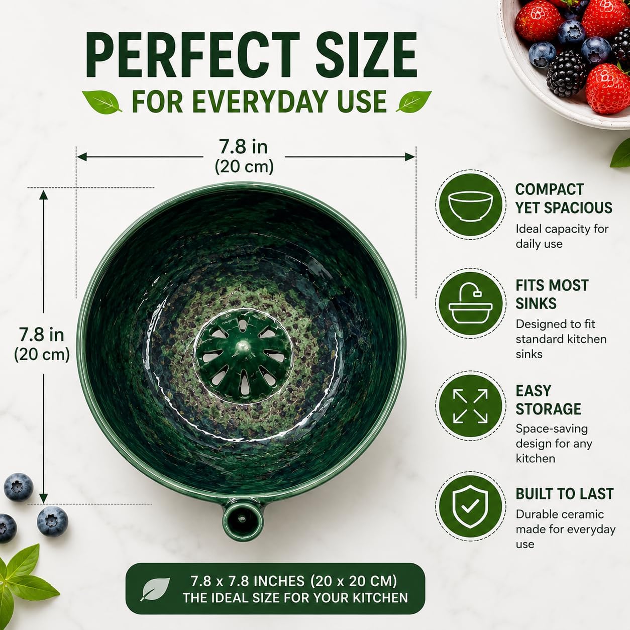 Self Spinning Berry Washing Bowl, Berry Bowls with Holes Ceramic, Fruit Washer Spinner with Strainer and Colander, Handmade Multipurpose Washing Cleaner for Cleaning Berries, Vegetables (1 set)