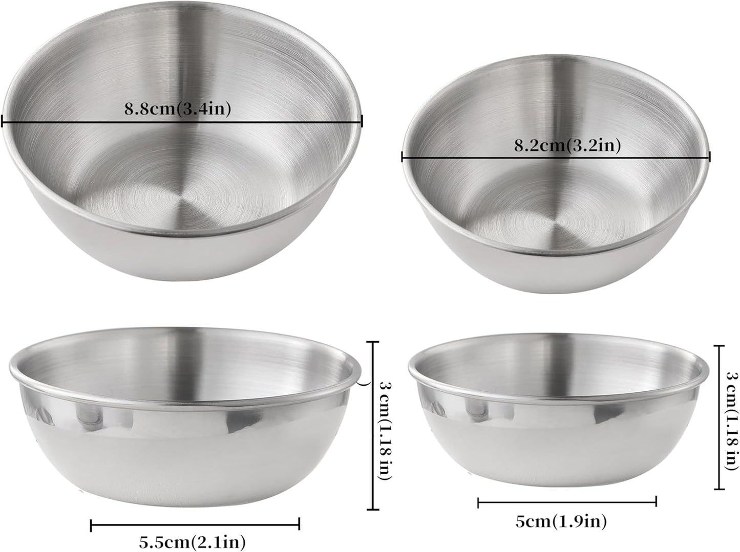 COKUMA 8 PCS Stainless Steel Mini Soy Sauce Dish, Small Individual Round Seasoning Bowls, Dipping Sauce Bowl, Ingredient Bowls for Prep Appetizer Plates, (4PCS 3.5 inch & 4PCS 3.2 inch)