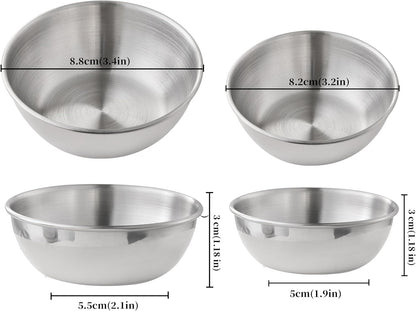 COKUMA 8 PCS Stainless Steel Mini Soy Sauce Dish, Small Individual Round Seasoning Bowls, Dipping Sauce Bowl, Ingredient Bowls for Prep Appetizer Plates, (4PCS 3.5 inch & 4PCS 3.2 inch)