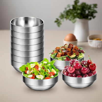 MAQUITA 10 Pack Stainless Steel Bowls 4.5 Inch Snacks 10 Oz Lightweight Salad Bowls Double-walled Metal Serving Dishes for Sauces, Rice, Noodle, Ice Cream