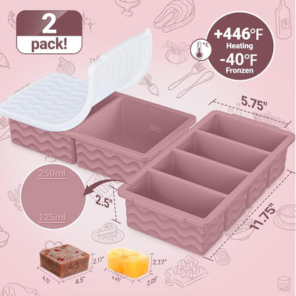 Silicone Freezer Trays with Lid for Soup, 1-Cup & 2-Cup Large Ice Cube Molds Food Storage Containers for Meal Prep, Freeze 500mL/250mL/125mL Portions – 2 Pack