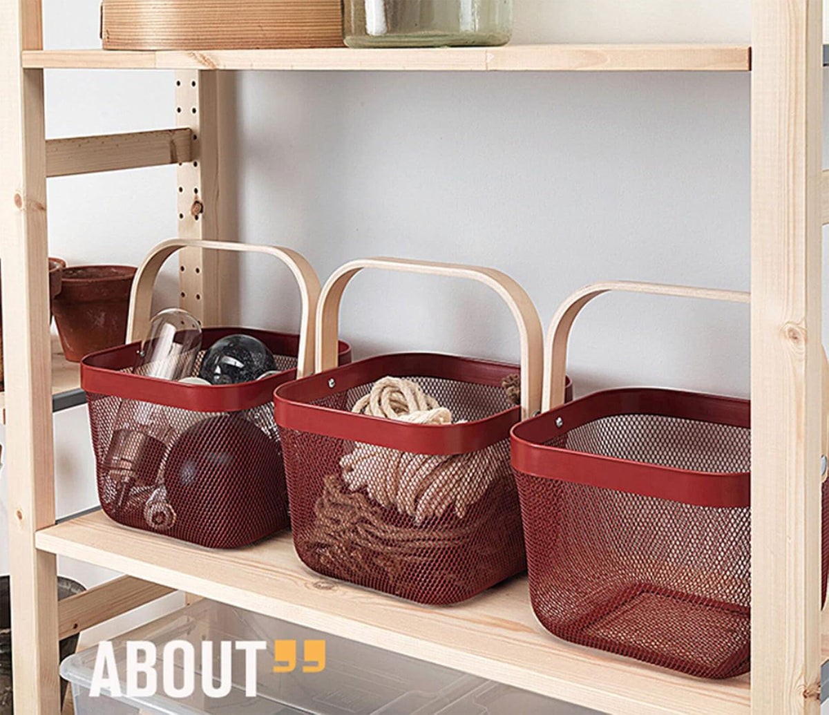 AJIODA Metal Mesh Steel Basket, Storage Organizer Basket Multi-functional Hanging Kitchen Baskets Fruit Basket Bin with Bamboo Handle for Kitchen Bathroom Picnic Shopping Decor Cabinet Home, Blue