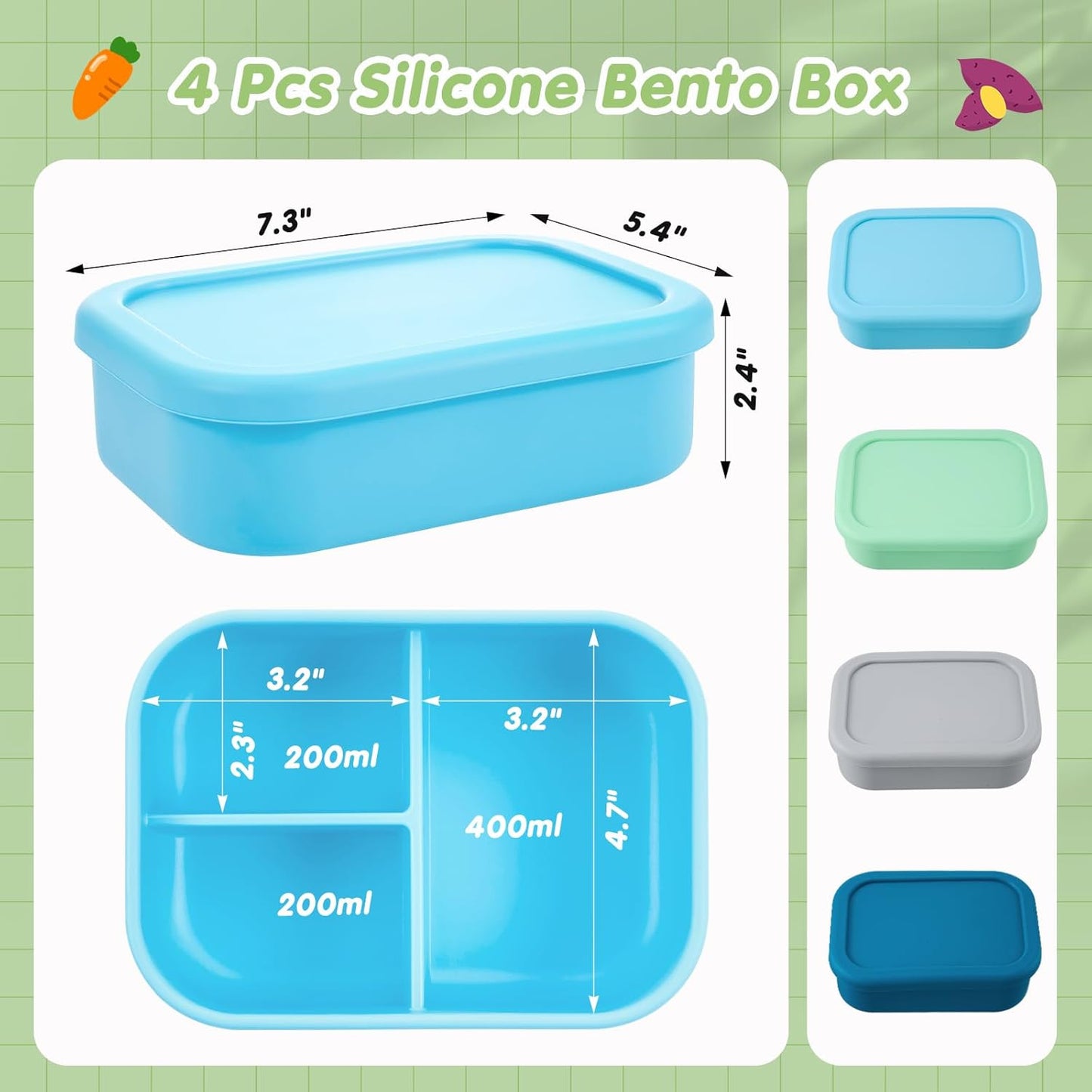 Layhit 4 Pcs Silicone Bento Box for Adults, 27 oz Bento Lunch Container Reusable 3 Compartment Lunchable Food Container for Women Men, Leak Proof Microwave Dishwasher Freezer Safe (Cool Colors)