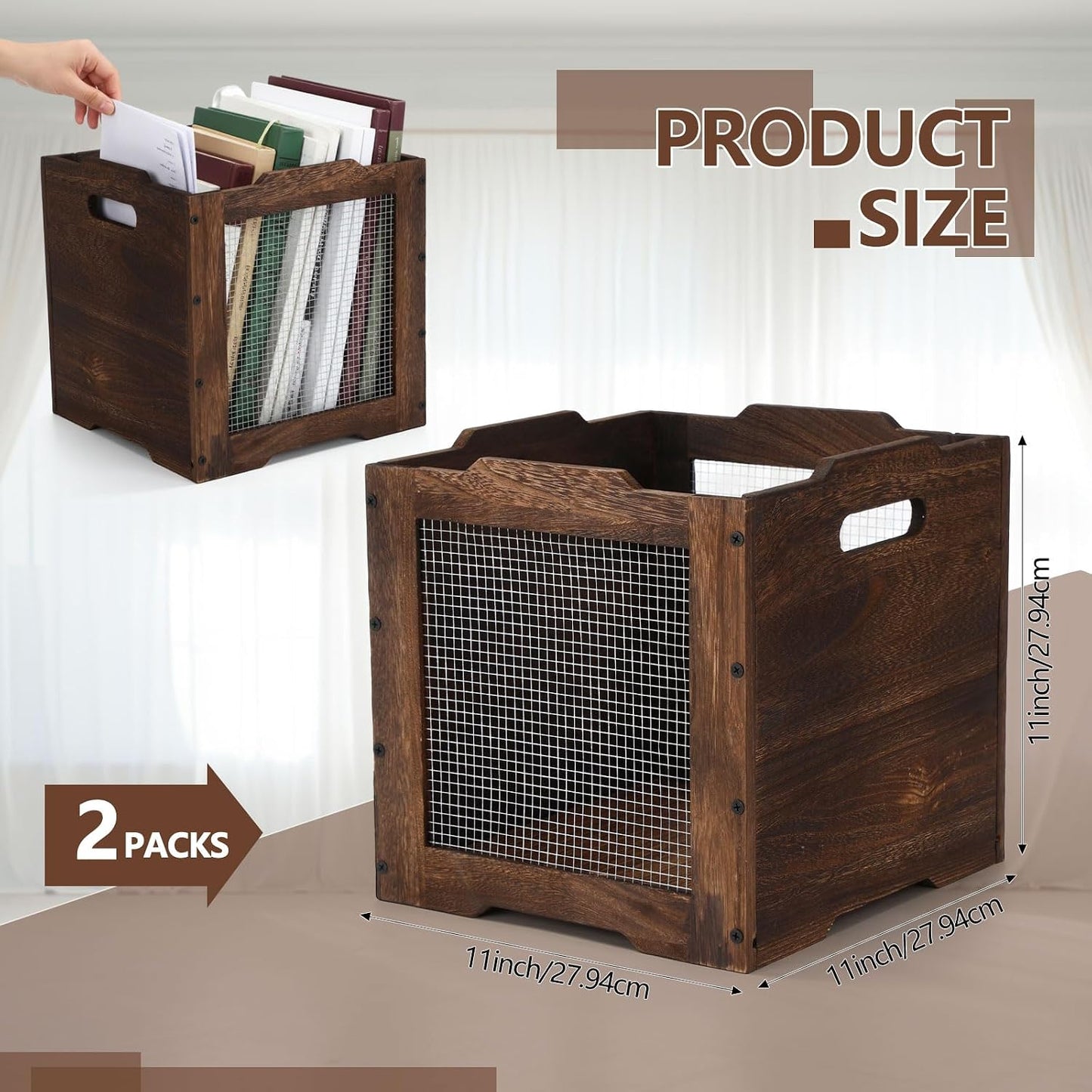 Amyhill 2 Pack Stackable Wood Storage Bins with Metal Wire and Handles 11 x 11 x 11 Inch, Wooden Storage Crate Basket for Shelves Pantry Cube Holder Book Fruit Vegetable Clothes Dark Brown