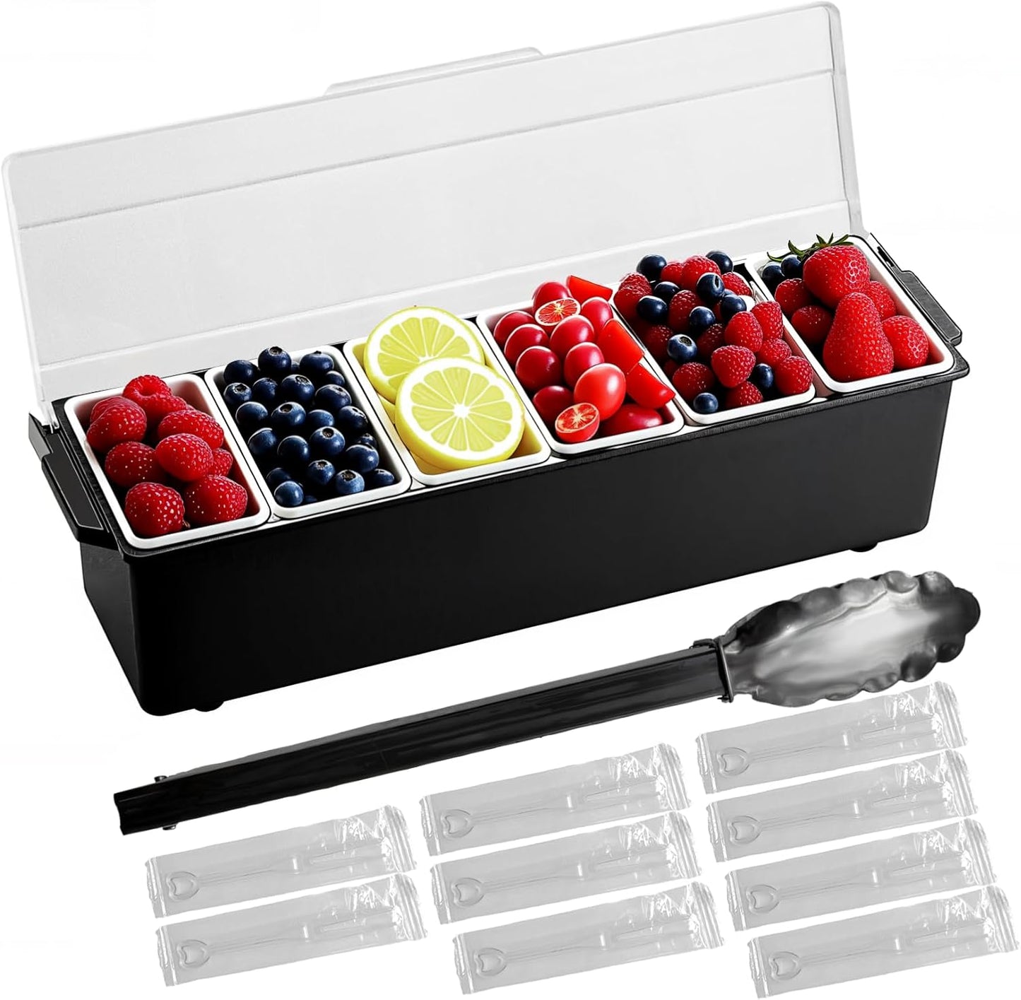 Large Ice Chilled Condiment Caddy，Chilled Condiment Containers Server with Lids for 5 Removable Compartments ，Serving Platters , Fruit & Garnish Tray for Party Supplies & Bar Accessories-Transparent