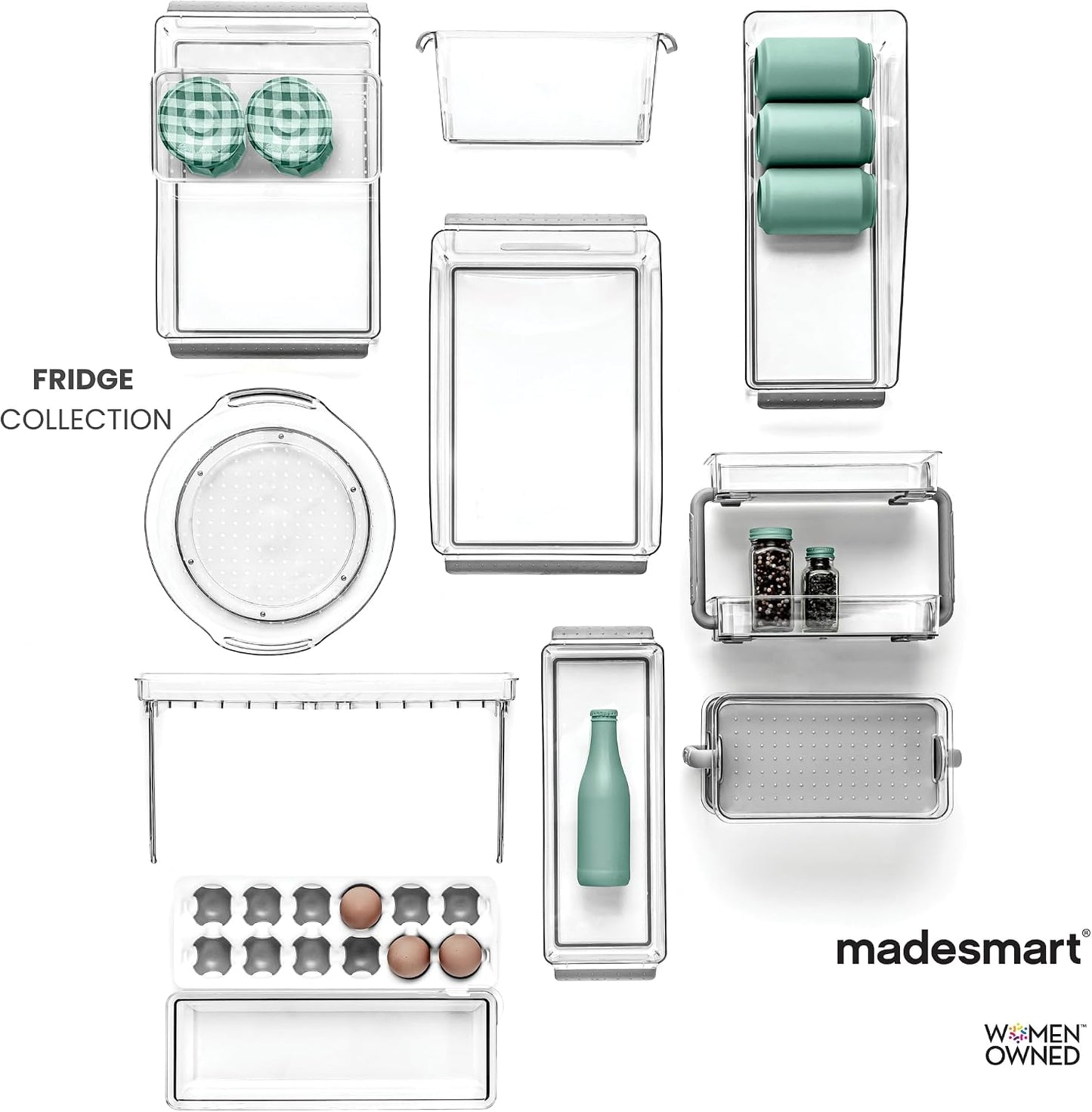 madesmart Fridge Portable Tote, Condiment Caddy with 2 Compartments, Pop-Up Handle & Non-Slip Base, Refrigerator Organizer for Sauces, Jars & Small Items, Clear