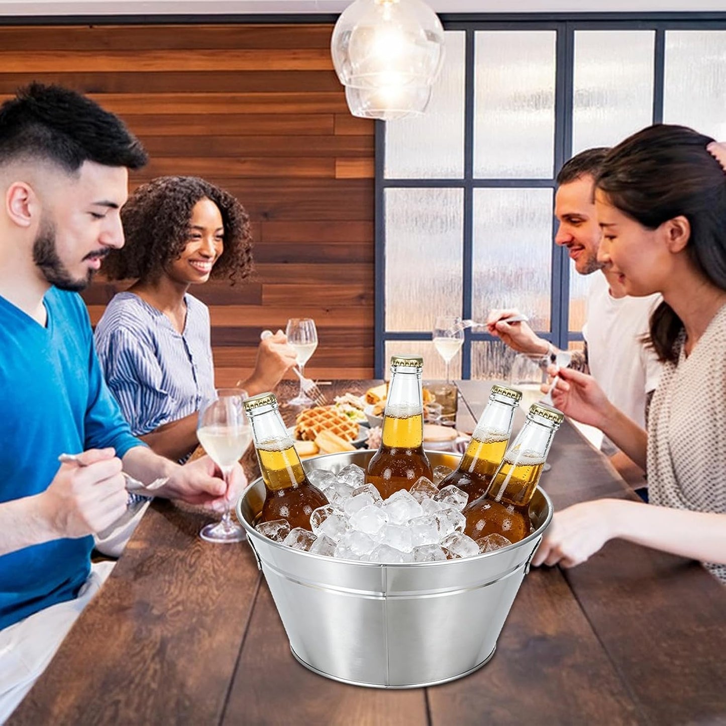 5 Pcs Large Metal Bucket Beer Bucket with Ice Shovels and Tongs Galvanized Steel Pail for Summer Pool Wedding Table Centerpiece Party Supplies (7.4 x 7.4 x 5.9 Inch,Silver)