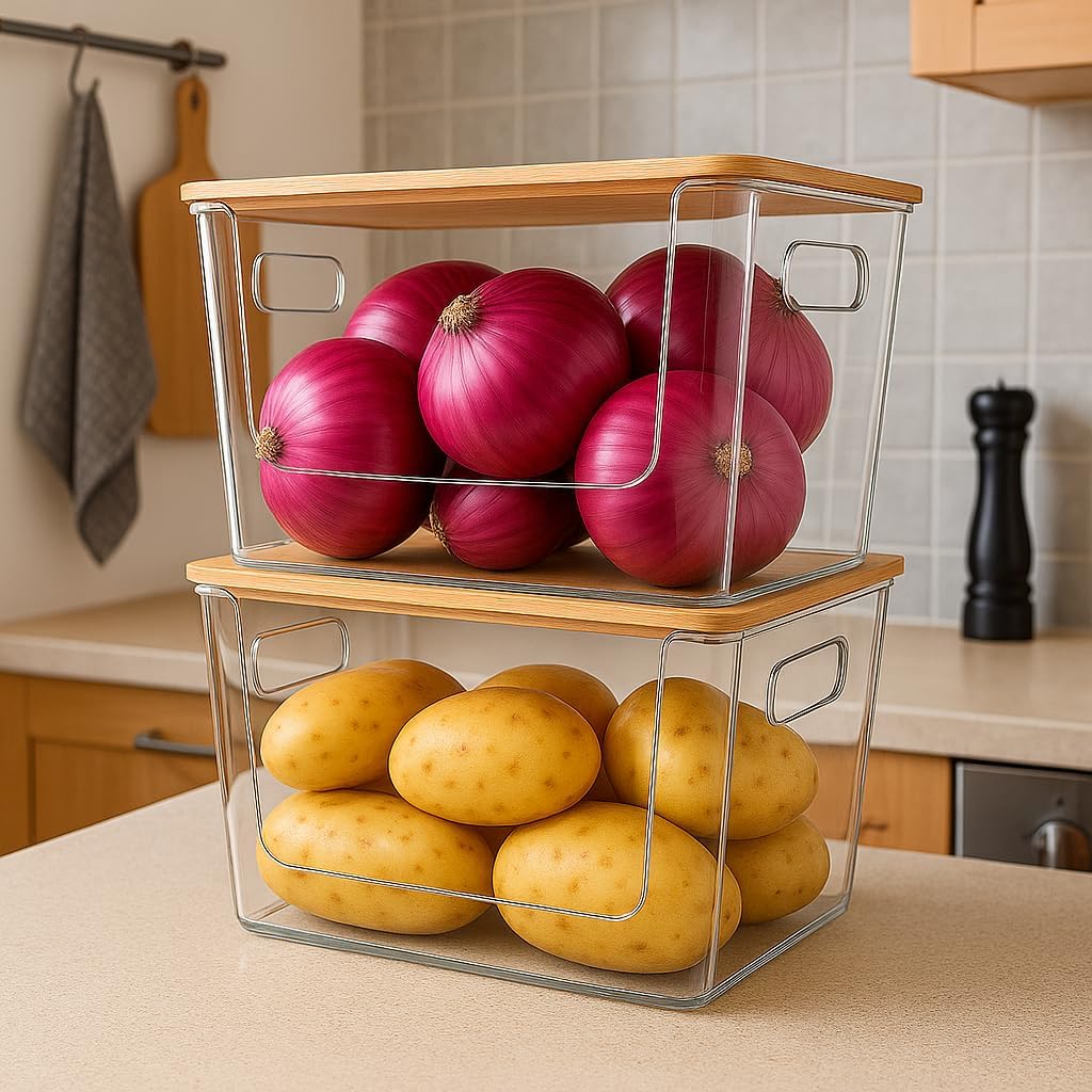 CiWiVOKi 6 Pack Clear Stackable Storage Bins with Bamboo Lids, 3.7L BPA-Free Plastic Organizer Containers with Handles, for Pantry, Kitchen, Fridge, Bathroom, Cabinet & Closet Organization
