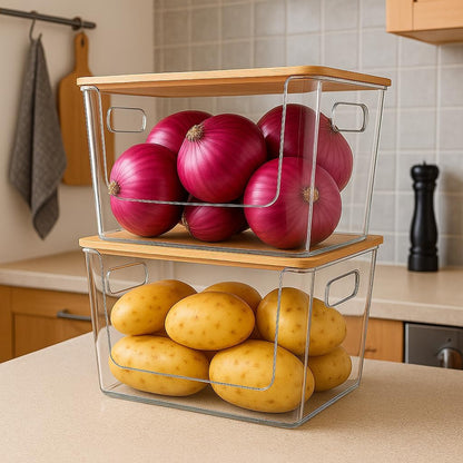 CiWiVOKi 6 Pack Clear Stackable Storage Bins with Bamboo Lids, 3.7L BPA-Free Plastic Organizer Containers with Handles, for Pantry, Kitchen, Fridge, Bathroom, Cabinet & Closet Organization