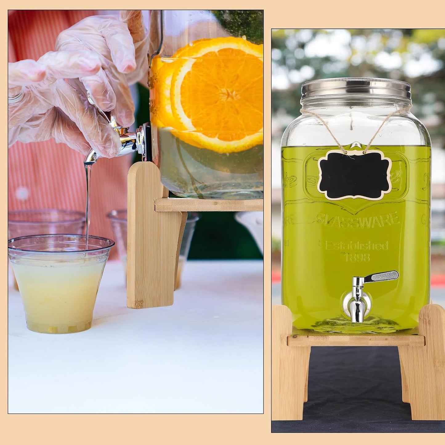 Sliner 2 Pack 2 Gallon Glass Drink Dispenser with Stand Glass Beverage Dispenser Water Juice Drink Containers for Parties with Stainless Steel Spigot Hanging Chalkboard(Stainless Steel)