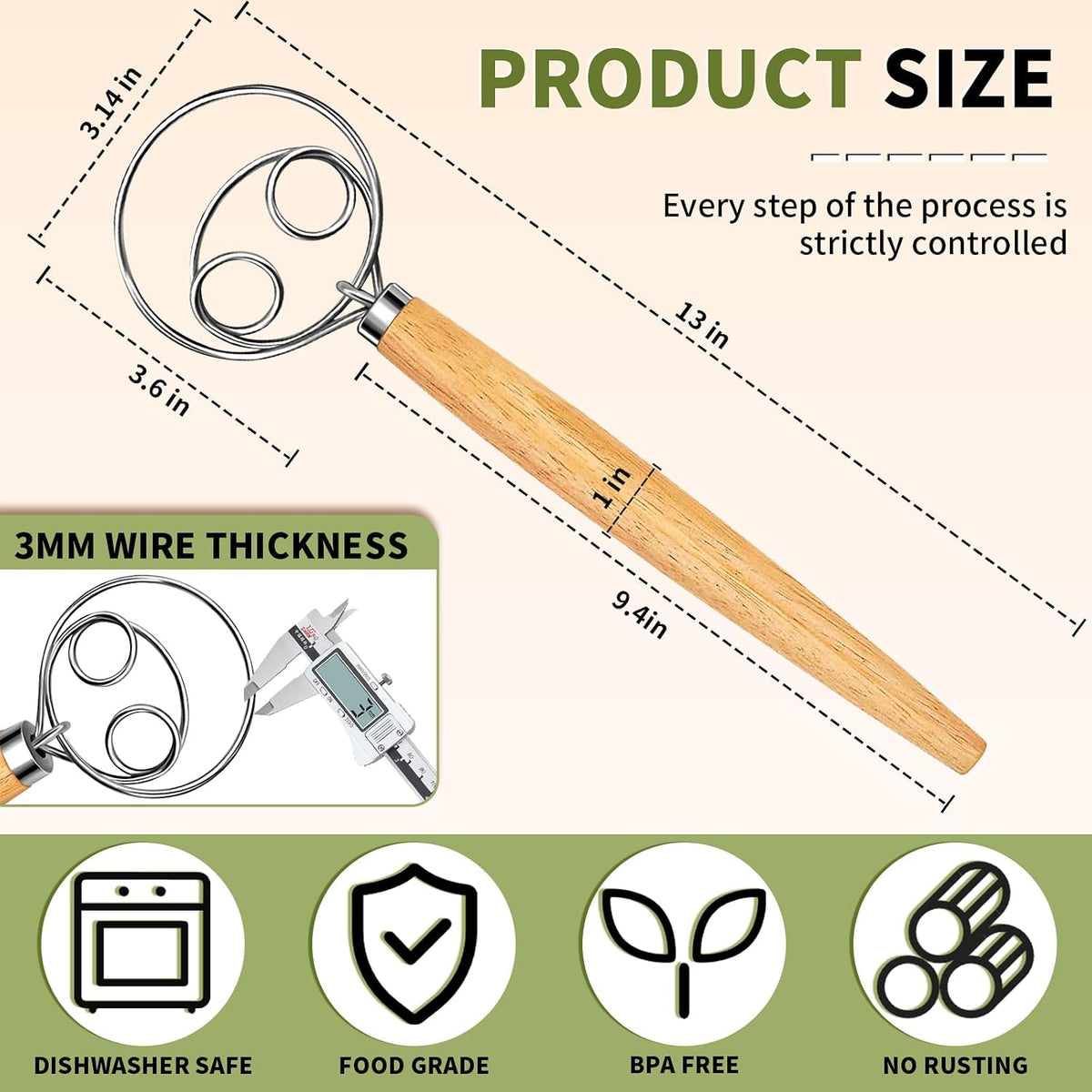 Hand Whisk Stainless Steel Dough Hook Dutch Whisk for Sourdough Bread Dough Mixer Hand Wooden Handle Kitchen Whisking Mixing Tool Bread Making Tools (1 eye)