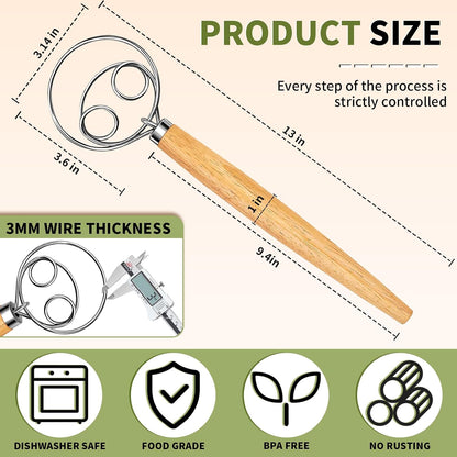 Hand Whisk Stainless Steel Dough Hook Dutch Whisk for Sourdough Bread Dough Mixer Hand Wooden Handle Kitchen Whisking Mixing Tool Bread Making Tools (1 eye)