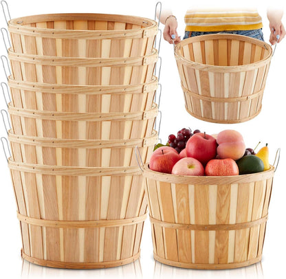 Marsui 6 Pcs Jumbo Half Bushel Baskets, 14 x 9.5 Inch Large Round Wooden Apple Basket with Handles Handcrafted Produce for Farmers Market Harvest Fruit Plants or Commercial Use