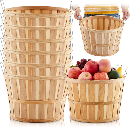 Marsui 6 Pcs Jumbo Half Bushel Baskets, 14 x 9.5 Inch Large Round Wooden Apple Basket with Handles Handcrafted Produce for Farmers Market Harvest Fruit Plants or Commercial Use