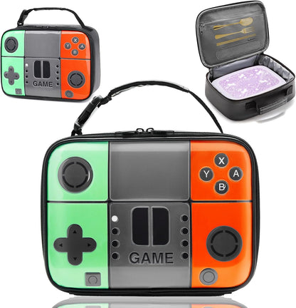 Kids Gamer Lunch Box for Boys, Game Console Insulated Lunch Bag, PU Leather Waterproof Lunchbox with Mesh Pocket, Durable Leakproof Lunch Tote Fits Bento Box for School