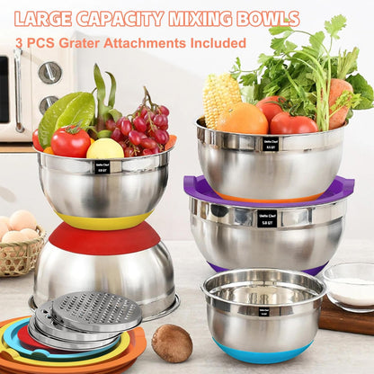Umite Chef Mixing Bowls with Airtight Lids Set, 8PCS Stainless Steel Nesting Bowls with Grater Attachments, Non-Slip Bottoms, 5, 4, 3.5, 2, 1.5QT for Mixing & Serving