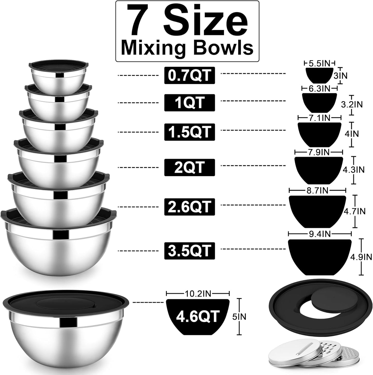 E-far Stainless Steel Mixing Bowls with Lids Set, 5-Piece Nesting Salad Bowls with 3 Grater Attachments and Non-Slip Bottoms, Size 4.6, 2.6, 2, 1.5, 1QT for Kitchen (Khaki)
