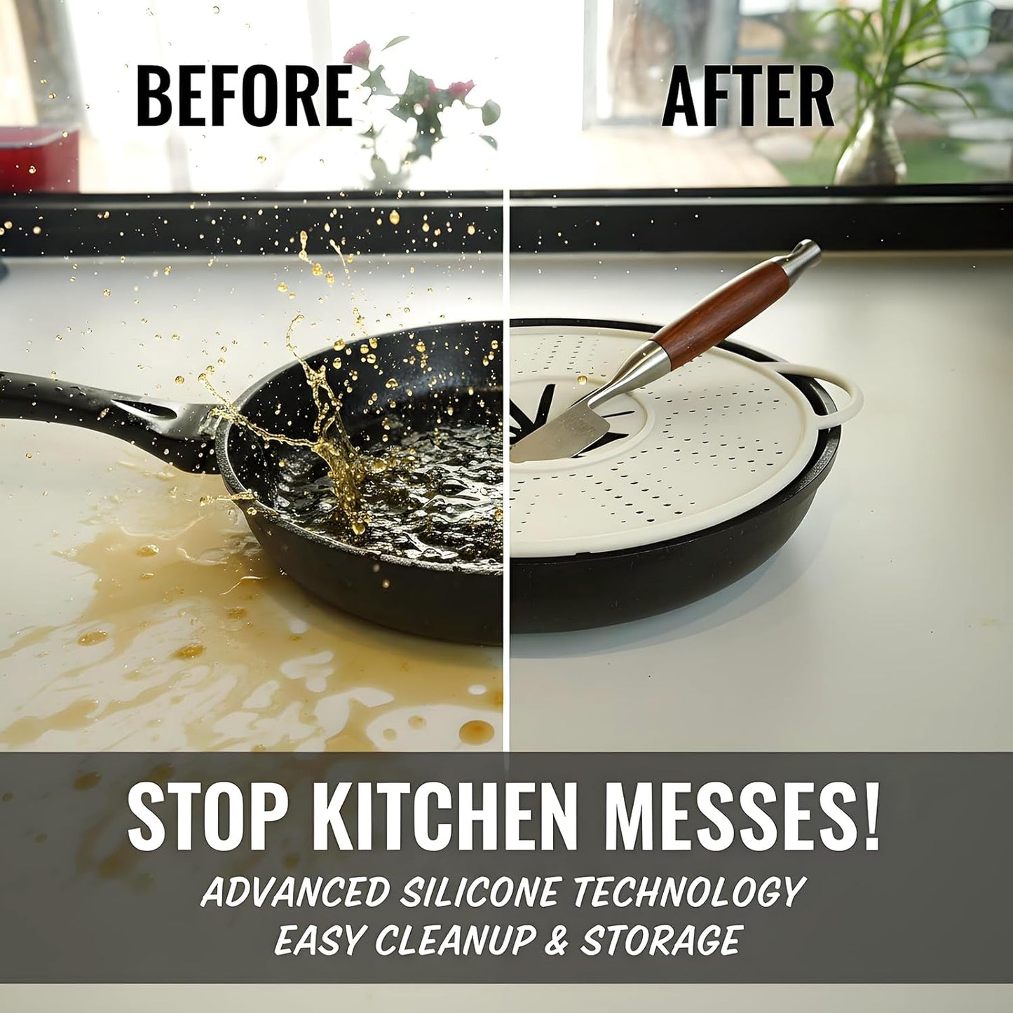 Silicone Splatter Screen for Frying Pans, Oil Splash Guard Cover with Strainer Holes & Heat Resistant Mat, Fits Most Stovetop Pans Non-Fold Lid