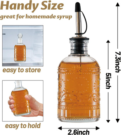 Retro Glass Syrup Dispenser Bottle 7oz, Oil and Vinegar Cruet with Stainless Steel Pour Spout, Labels, Funnel & Stopper(Floral)