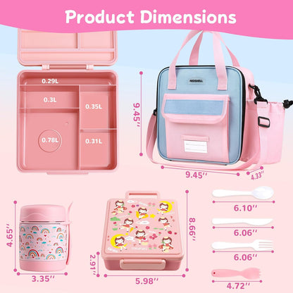 REDSHELL Bento Lunch Box for Kids Set, Leakproof Food Jar Pail with Insulated Bag, Toddler Snack Container Lunchbag for Girls Daycare, Back to School Lunchbox Kit, Includes Bottle Holder Strap, Pink