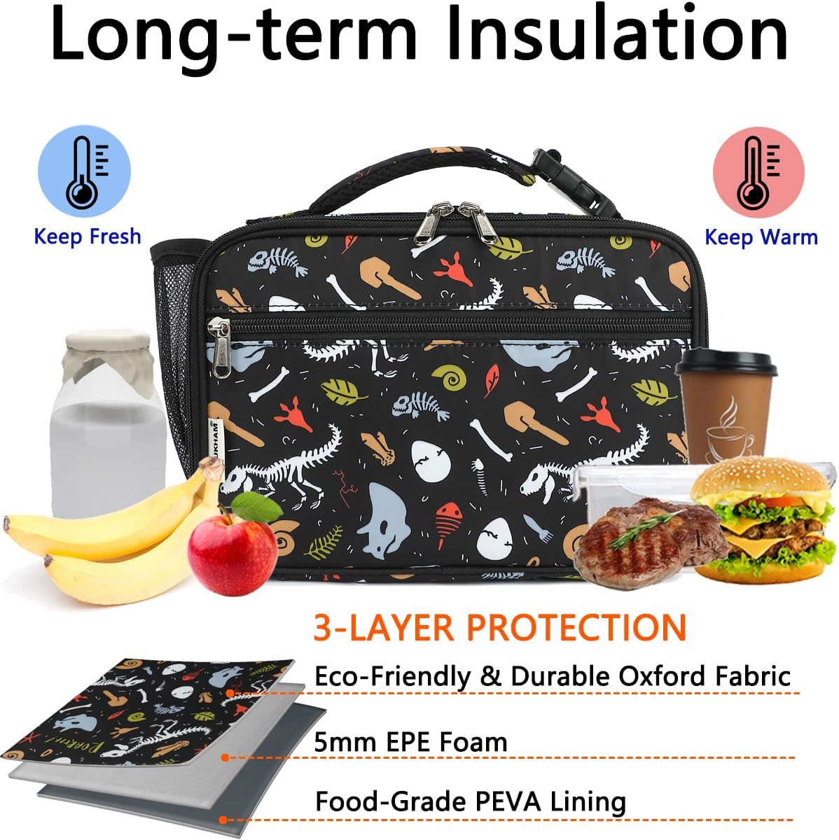 GYEUKHAM Insulated Lunch Box for School, Thermal Reusable Durable Freezable Lunch Bags for Kids Boys Girls Men Women - Small Soft Cooler Portable Lunch Tote Kit for Work Picnic Travel,Black