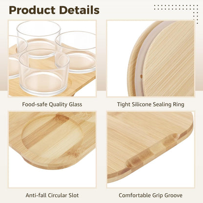Glass Snack Serving Set with Wooden Lids and Tray, 9.1 x 9.1 in Chip and Dip Serving Platter, Small Airtight Glass Divided Dishes for Candies, Nuts, Dried Fruits, Snack, Condiments
