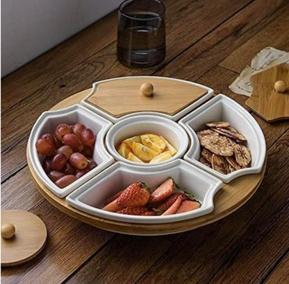 Allure Life Ceramic Appetizer Serving Platter with Bamboo Lid – 5 Section Divided Dish Set for Fruits, Snacks & Dips, White