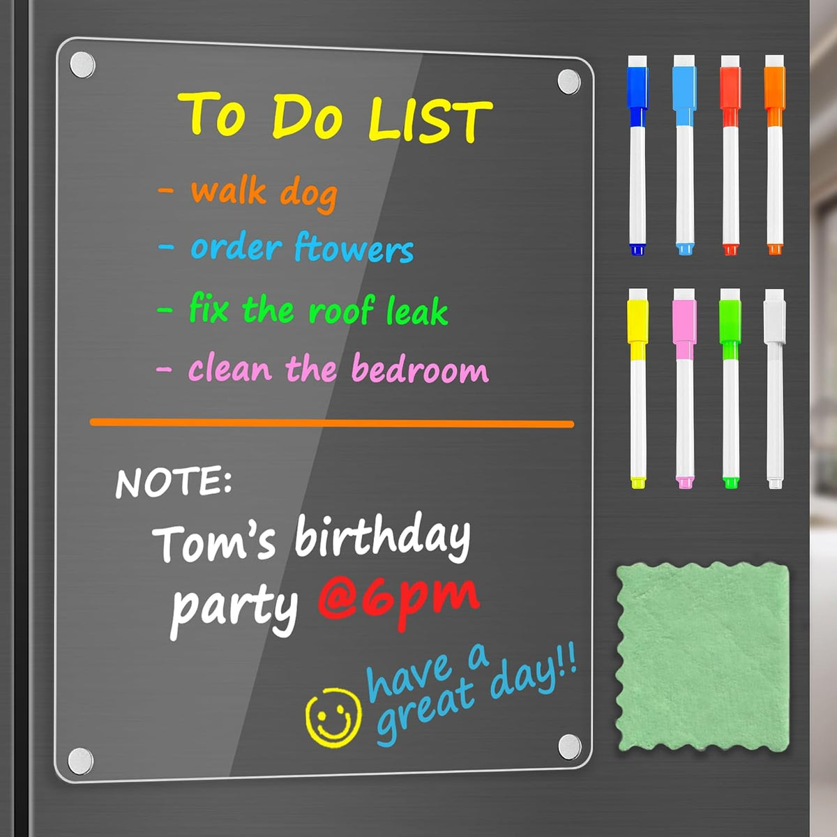 PigPotParty Acrylic Magnetic Chore Chart for Adults, 12x9.5 Inch Clear Dry Erase Chore Board for Fridge, Daily Weekly and Notes Sections, Pre-Installed Embedded Magnets, 8 Fine-tip Markers and Towel