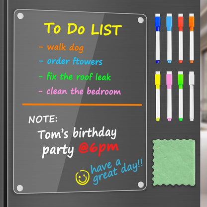 PigPotParty Acrylic Magnetic Chore Chart for Adults, 12x9.5 Inch Clear Dry Erase Chore Board for Fridge, Daily Weekly and Notes Sections, Pre-Installed Embedded Magnets, 8 Fine-tip Markers and Towel