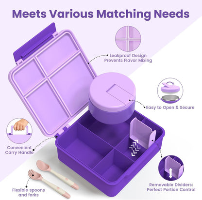 LOHASOK Bento Lunch Box Kids with 8oz Soup Thermo, Leak-Proof Lunch Containers with 4 Compartment, Thermo Hot Food Jar and Insulated Lunch Box for School Blue