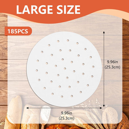 185PCS Bamboo Steamer Liner, 10 Inch White Air Fryer Liners, Non-stick Perforated Steamer Paper for Skillets, Microwave Ovens, Ovens, Steamers