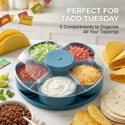 Divided Serving Tray that Spins with Lid, 5-Compartment Rotating Snack Container & Snackle Box, Lazy Susan Veggie Fruit Tray Organizer for Party Appetizers, Travel, Picnic (1PCS Gray)