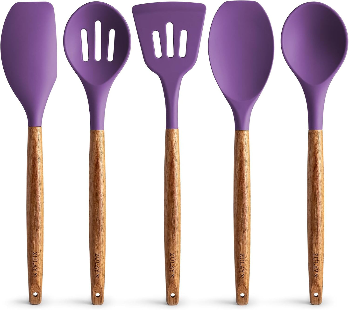 Zulay Kitchen Utensils Set Non-Stick Silicone Cooking Utensils Set with Authentic Acacia Wood Handles - 5 Piece Silicone Utensil Set - Kitchen Utensils Set with 464°F Heat Resistance - Gray