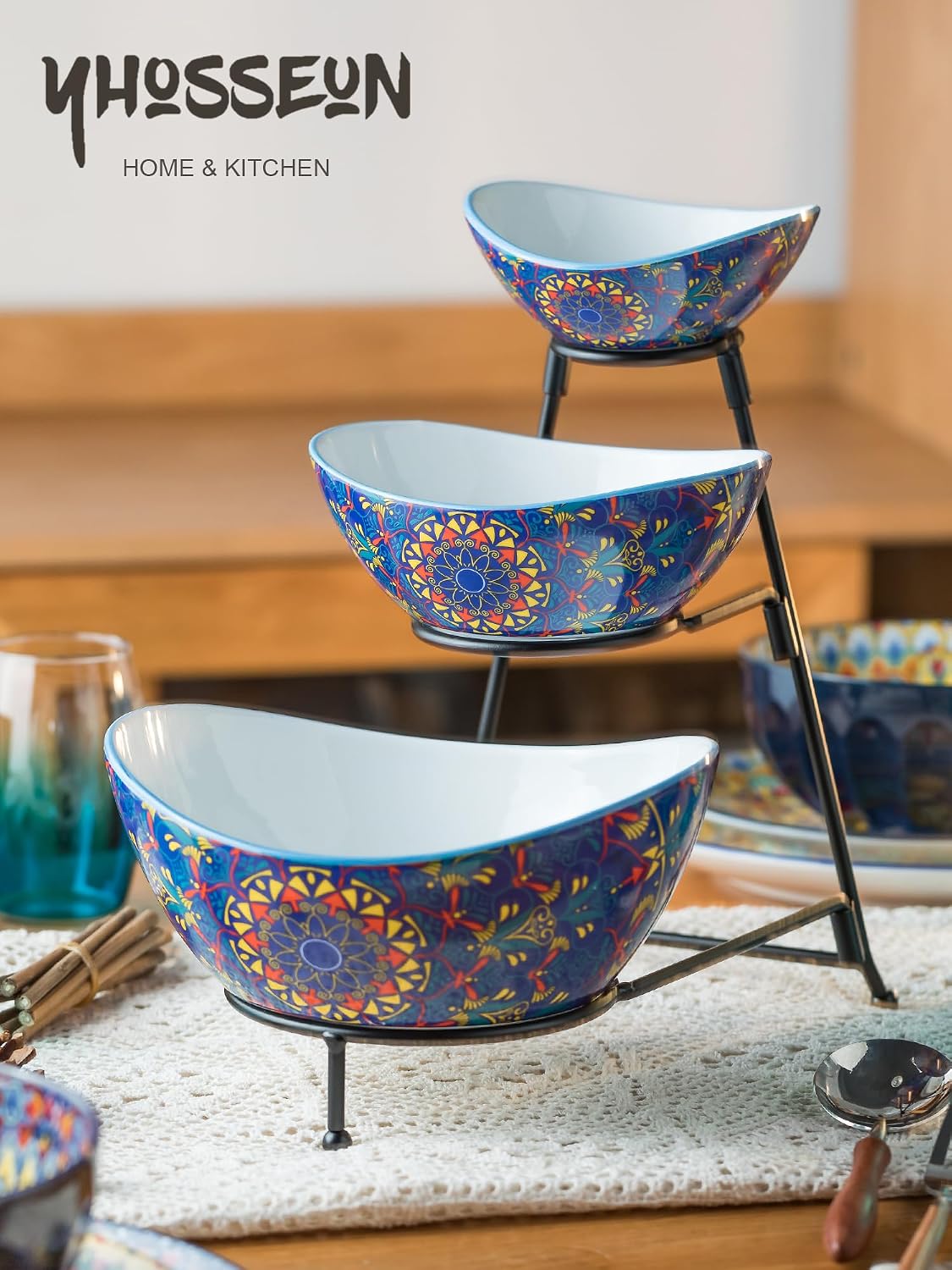 YHOSSEUN 3 Tier Serving Stand Oval Serving Bowl with Metal Rack, Tied Serving Bowls Food Display Dessert Appetizer, Chip and Dip Serving Bowl Set for Parties, Gold-45oz / 17.5oz / 7oz