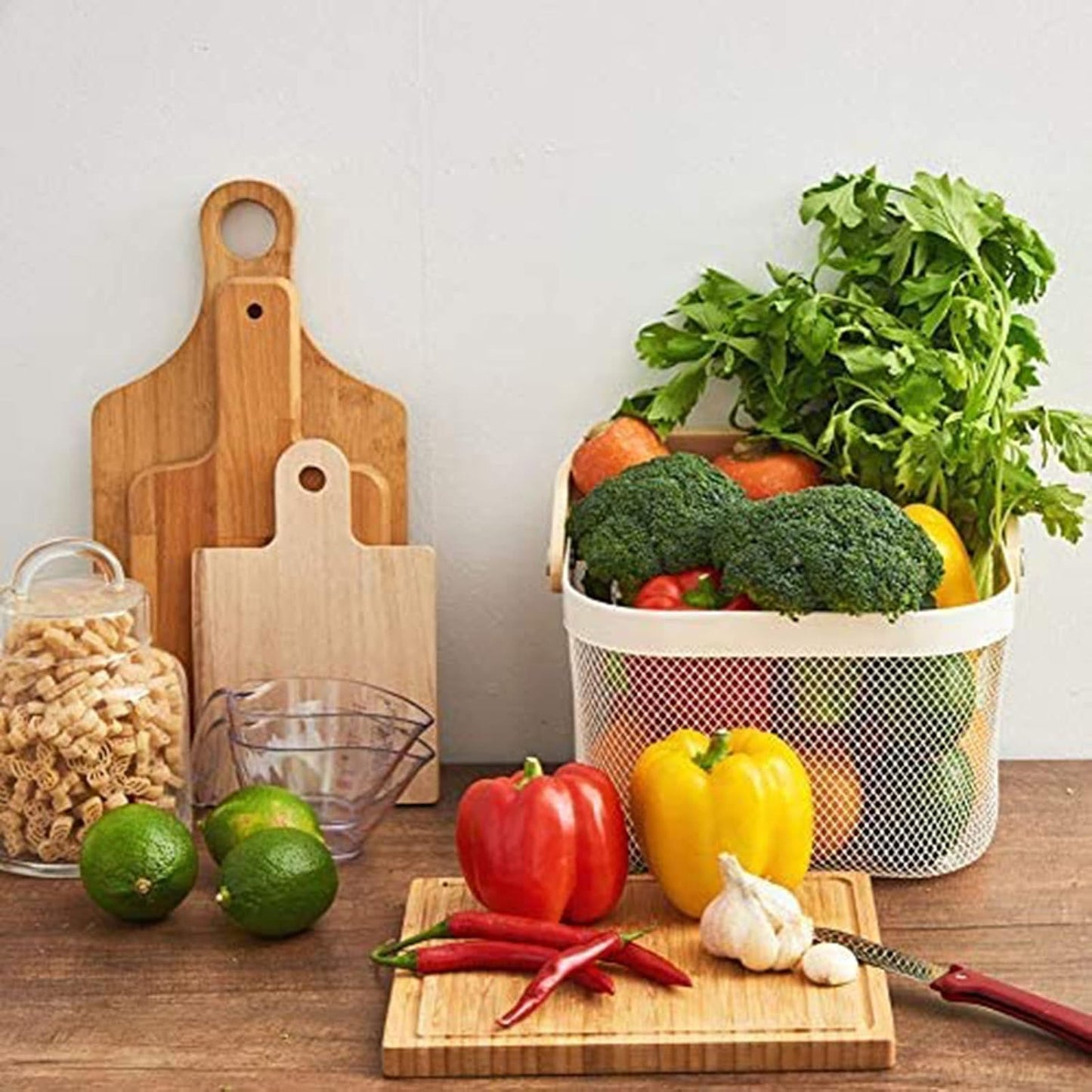 AJIODA 2 Pack Metal Mesh Steel Basket, Storage Organizer Basket Multi-function Hanging Kitchen Baskets Fruit Basket Bin with Wood Handle for Kitchen Bathroom Picnic Cabinet Home Decor, White