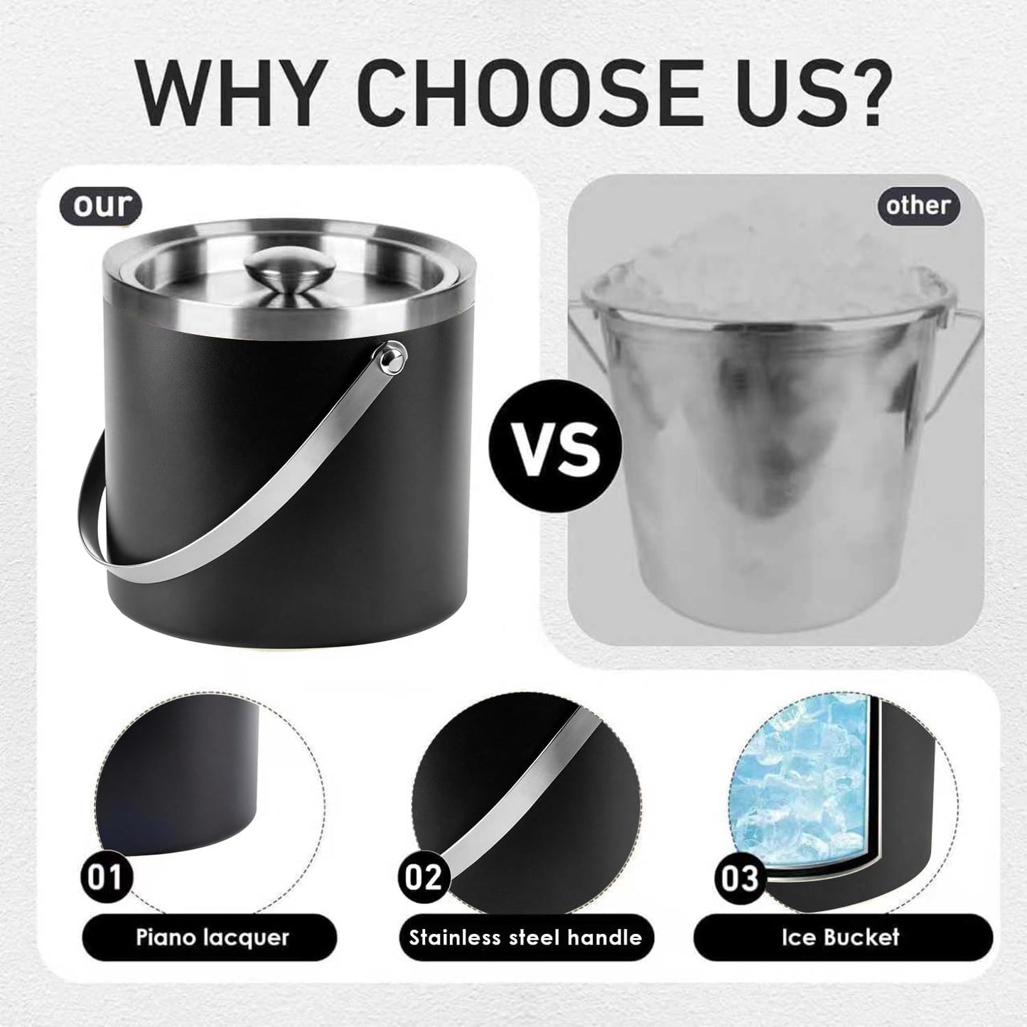 3L beige white Double Wall Insulated Stainless Steel Ice Bucket with scoop for Cocktail Bar,Metal Ice Bucket for freezer with Lid for parties.ice Container to Keep Ice Colder,bar cart accessories