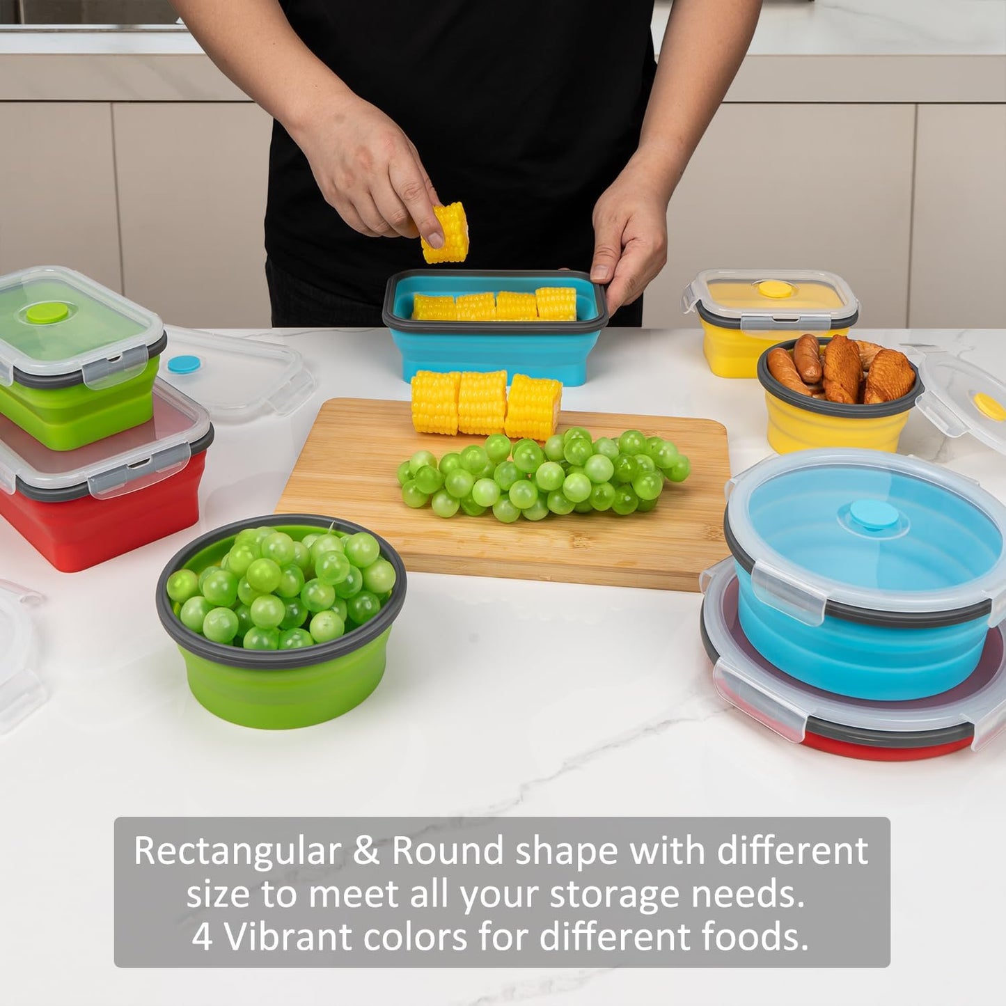 Collapsible Food Storage Containers with Lids, 4 Pack, 40 oz Silicone 1-Compartment Meal Prep Containers Reusable, Lunch Bento Boxes for Adults, Microwave Freezer Dishwasher Safe, BPA-Free, Black