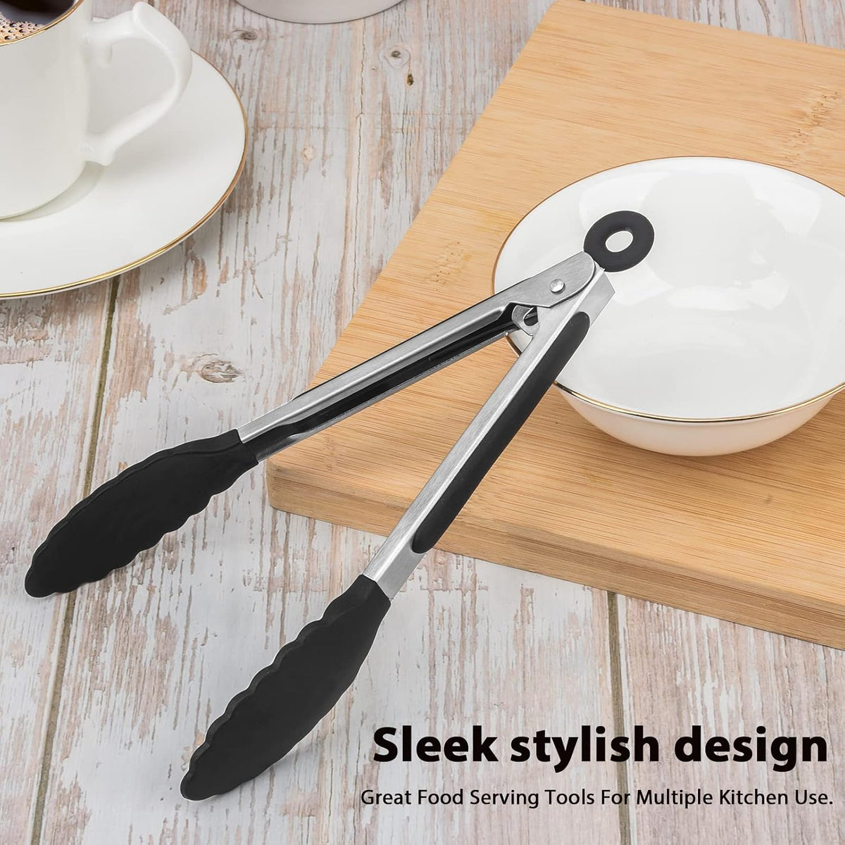 Serving Tongs Kitchen Tongs - Heat Resistant, Premium Stainless Steel Locking Cooking Tongs with Silicone Tips, Non-Slip Food Tongs for Cooking, Heavy Duty, Non-Stick (7 Inch)