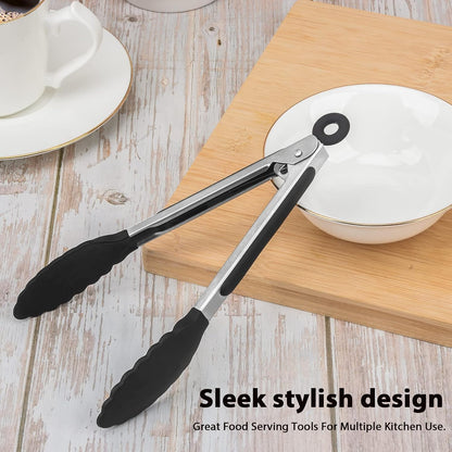 Serving Tongs Kitchen Tongs - Heat Resistant, Premium Stainless Steel Locking Cooking Tongs with Silicone Tips, Non-Slip Food Tongs for Cooking, Heavy Duty, Non-Stick (7 Inch)